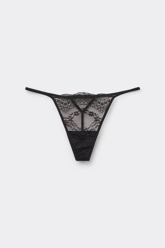 Venlisa Black Thong Panty in Lace & Fabric V6107